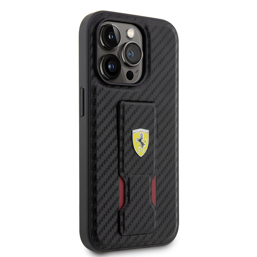 Apple iPhone 14 Pro Kılıf Ferrari Orjinal Lisanlı Klasik Metal Logolu Delikli Standlı Karbon Kapak