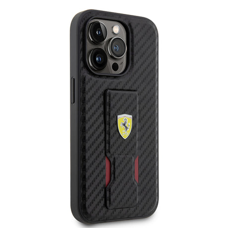 Apple iPhone 14 Pro Kılıf Ferrari Orjinal Lisanlı Klasik Metal Logolu Delikli Standlı Karbon Kapak