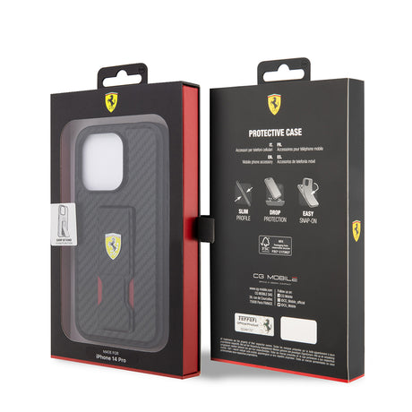 Apple iPhone 14 Pro Kılıf Ferrari Orjinal Lisanlı Klasik Metal Logolu Delikli Standlı Karbon Kapak