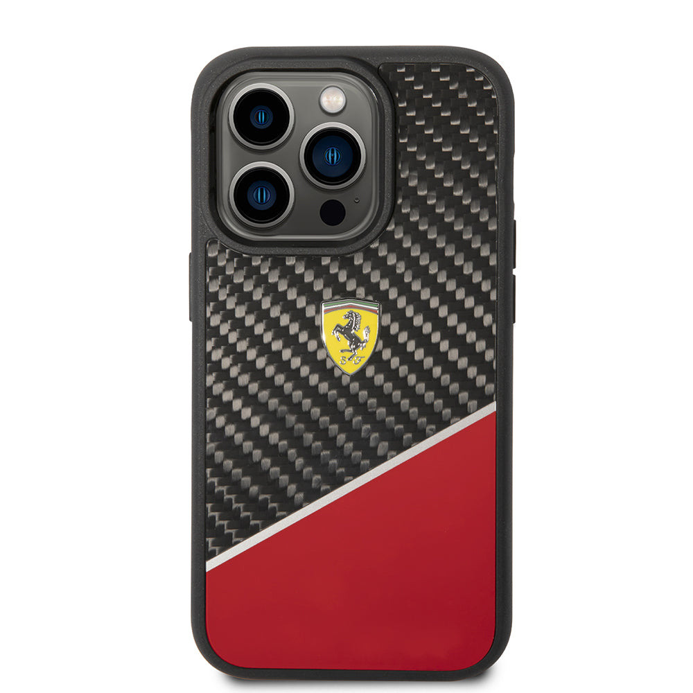 Apple iPhone 14 Pro Kılıf Ferrari Orjinal Lisanlı Klasik Metal Logolu Karbon Şerit Desenli Kapak