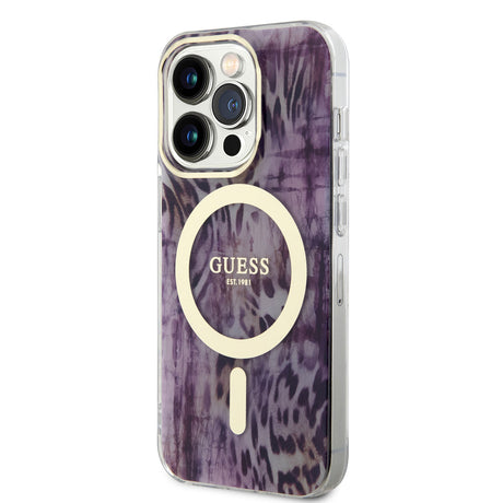 Apple iPhone 14 Pro Kılıf GUESS M-safe Şarj Özellikli Leopar Desenli Kapak
