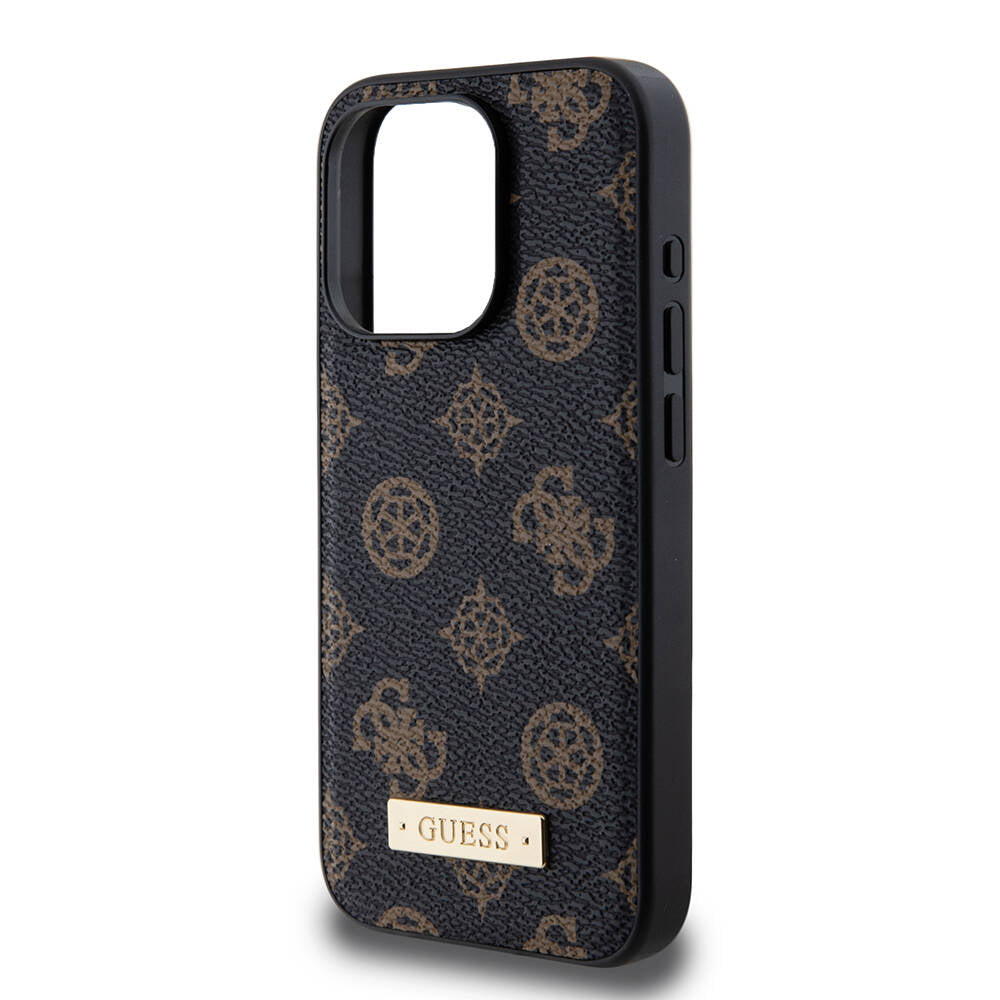 Apple iPhone 14 Pro Kılıf Guess M-safe Şarj Özellikli PU Deri Desenli Metal Plaka Logolu Kapak