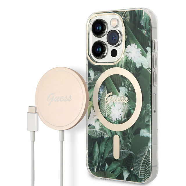 Apple iPhone 14 Pro Kılıf GUESS M-safe Şarj Özellikli Yaprak Desenli M-safe Şarj Kablolu Kapak