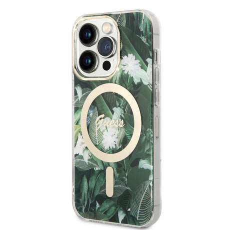 Apple iPhone 14 Pro Kılıf GUESS M-safe Şarj Özellikli Yaprak Desenli M-safe Şarj Kablolu Kapak