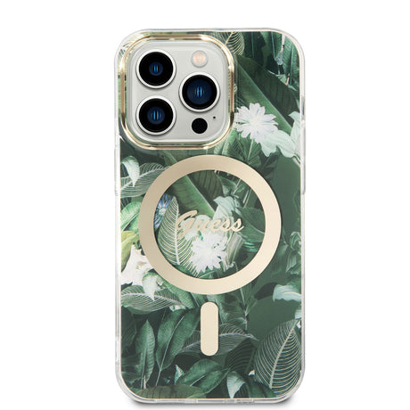 Apple iPhone 14 Pro Kılıf GUESS M-safe Şarj Özellikli Yaprak Desenli M-safe Şarj Kablolu Kapak