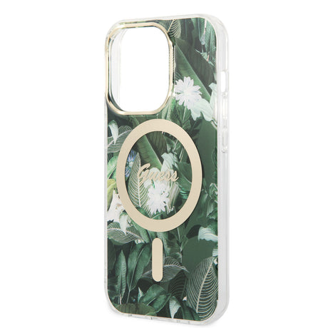 Apple iPhone 14 Pro Kılıf GUESS M-safe Şarj Özellikli Yaprak Desenli M-safe Şarj Kablolu Kapak
