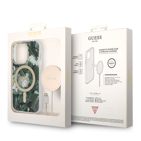 Apple iPhone 14 Pro Kılıf GUESS M-safe Şarj Özellikli Yaprak Desenli M-safe Şarj Kablolu Kapak