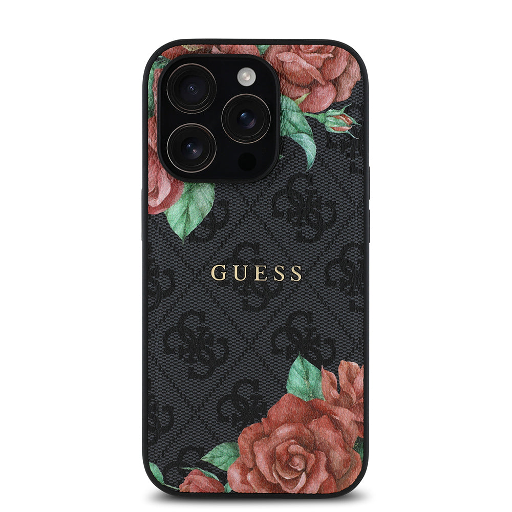 Apple iPhone 14 Pro Kılıf Guess Orjinal Lisanslı M-safe Şarj Özellikli Gül Baskılı 4G Desenli Yazı Logolu Kapak