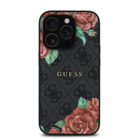 Apple iPhone 14 Pro Kılıf Guess Orjinal Lisanslı M-safe Şarj Özellikli Gül Baskılı 4G Desenli Yazı Logolu Kapak