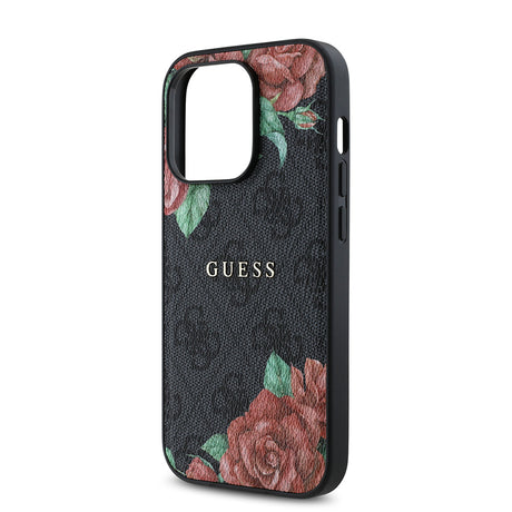 Apple iPhone 14 Pro Kılıf Guess Orjinal Lisanslı M-safe Şarj Özellikli Gül Baskılı 4G Desenli Yazı Logolu Kapak