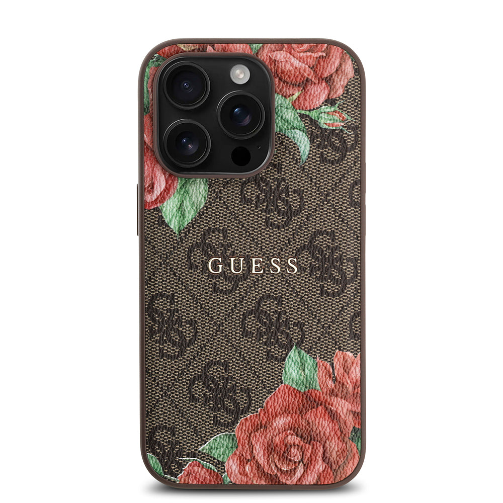 Apple iPhone 14 Pro Kılıf Guess Orjinal Lisanslı M-safe Şarj Özellikli Gül Baskılı 4G Desenli Yazı Logolu Kapak