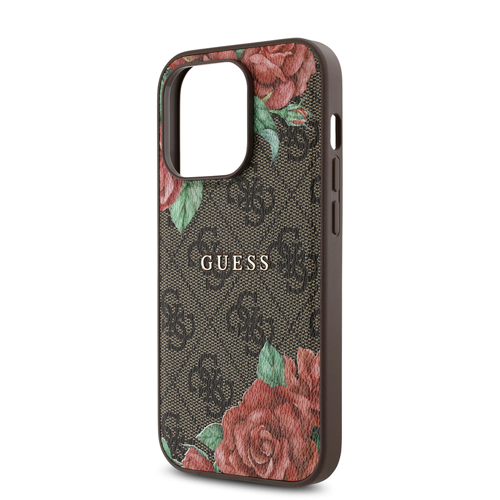 Apple iPhone 14 Pro Kılıf Guess Orjinal Lisanslı M-safe Şarj Özellikli Gül Baskılı 4G Desenli Yazı Logolu Kapak