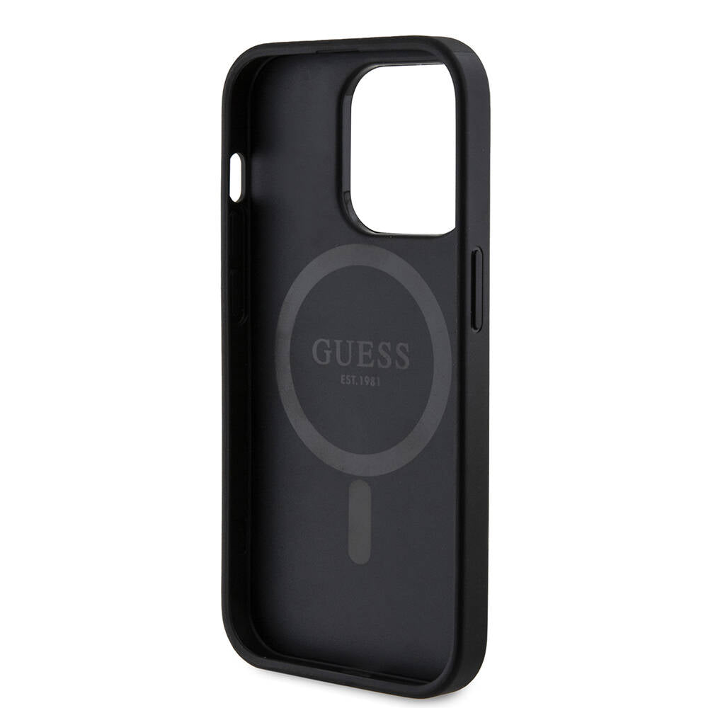 Apple iPhone 14 Pro Kılıf Guess Orjinal Lisanslı M-safe Şarj Özellikli PU Halkalı 4G Desenli Yazı Logolu Kapak