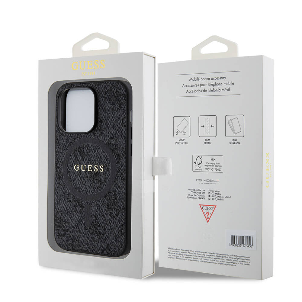 Apple iPhone 14 Pro Kılıf Guess Orjinal Lisanslı M-safe Şarj Özellikli PU Halkalı 4G Desenli Yazı Logolu Kapak