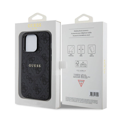 Apple iPhone 14 Pro Kılıf Guess Orjinal Lisanslı M-safe Şarj Özellikli PU Halkalı 4G Desenli Yazı Logolu Kapak