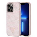 Apple iPhone 14 Pro Kılıf Guess Orjinal Lisanslı PU Deri Taşlı Üçgen Logo 4G Desenli Kapak