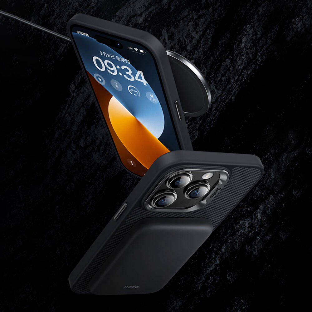 Apple iPhone 14 Pro Kılıf Karbon Fiber M-safe Şarj Özellikli Benks Hybrid ArmorPro 600D Kevlar Kapak