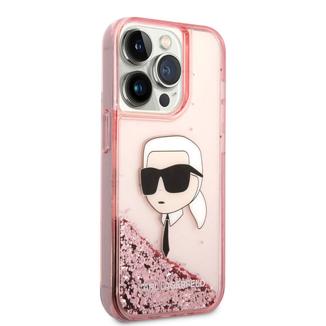 Apple iPhone 14 Pro Kılıf Karl Lagerfeld Sıvılı Simli Karl Head Dizayn Kapak