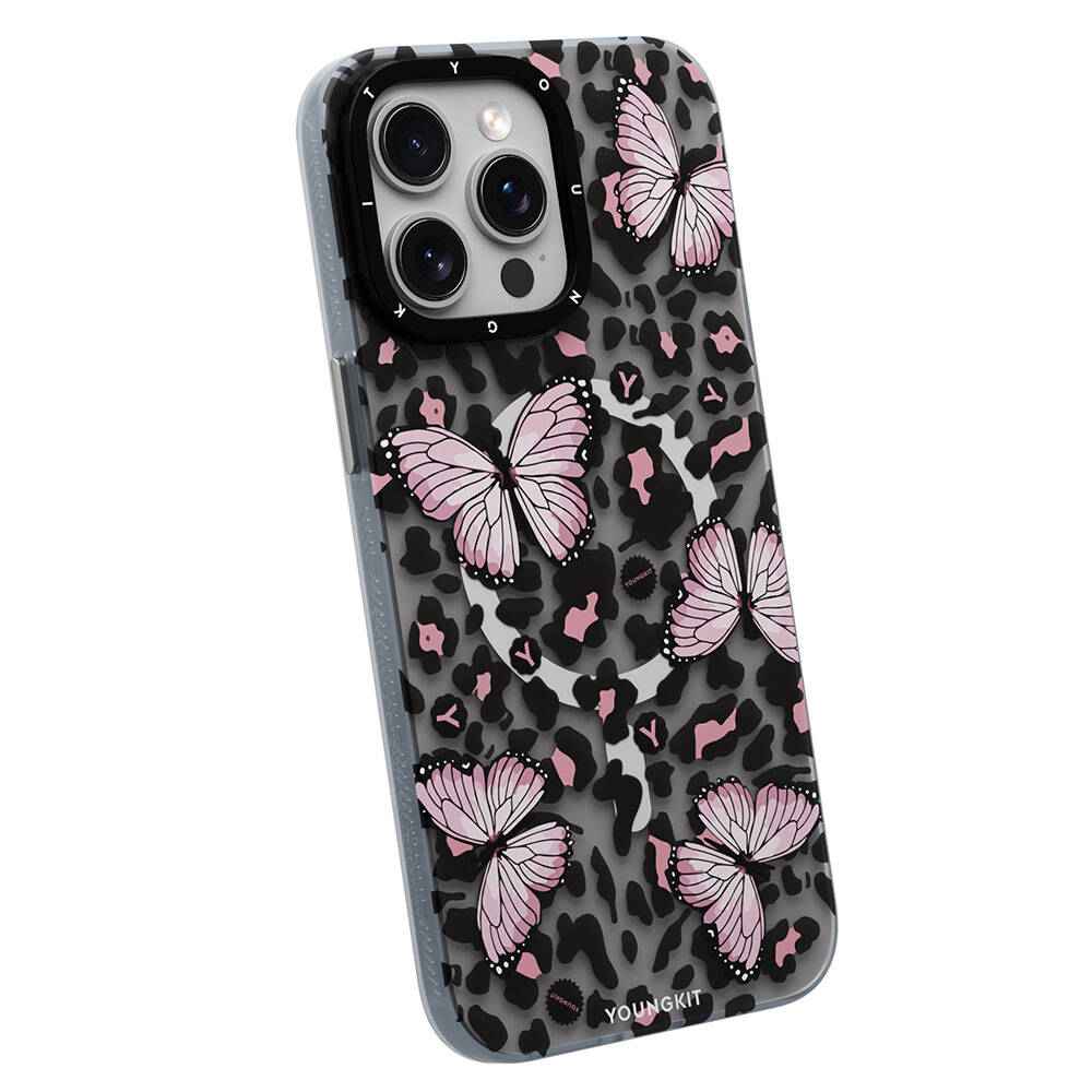 Apple iPhone 14 Pro Kılıf M-safe Şarj Özellikli Kelebek Desenli Youngkit Shadow Dance Serisi Kapak