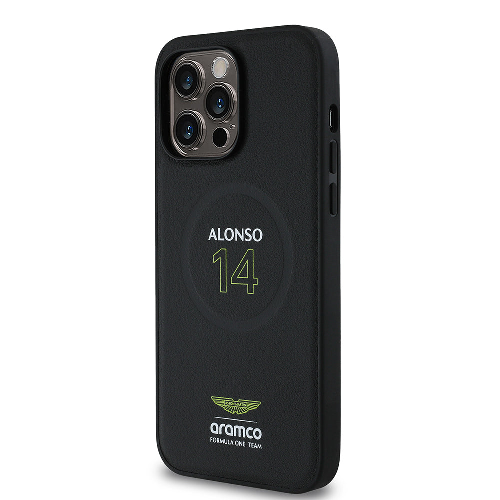 Apple iPhone 14 Pro Max Kılıf Aston Martin Orjinal Lisanslı M-safe Şarj Özellikli PU Deri Alonso 14 Baskılı Kapak