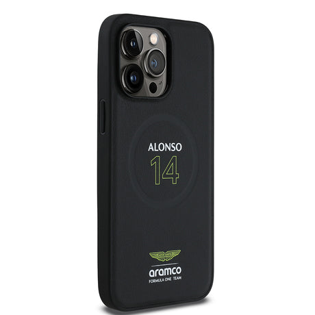 Apple iPhone 14 Pro Max Kılıf Aston Martin Orjinal Lisanslı M-safe Şarj Özellikli PU Deri Alonso 14 Baskılı Kapak