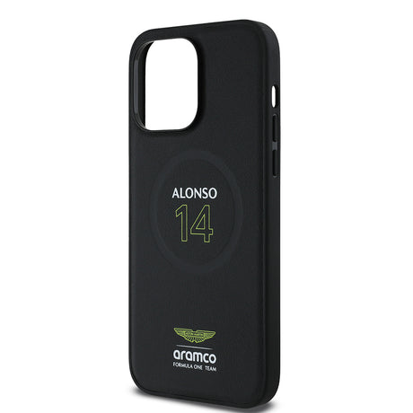 Apple iPhone 14 Pro Max Kılıf Aston Martin Orjinal Lisanslı M-safe Şarj Özellikli PU Deri Alonso 14 Baskılı Kapak