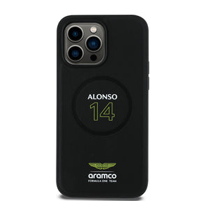 Apple iPhone 14 Pro Max Kılıf Aston Martin Orjinal Lisanslı M-safe Şarj Özellikli PU Deri Alonso 14 Baskılı Kapak