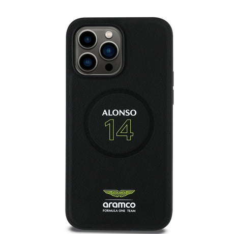Apple iPhone 14 Pro Max Kılıf Aston Martin Orjinal Lisanslı M-safe Şarj Özellikli PU Deri Alonso 14 Baskılı Kapak