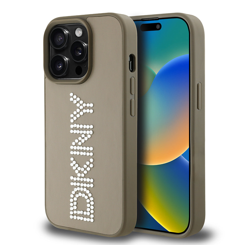 Apple iPhone 14 Pro Max Kılıf DKNY Orjinal Lisanslı Taşlı DKNY Yazılı Metalik Rhinestones PU Deri Kapak