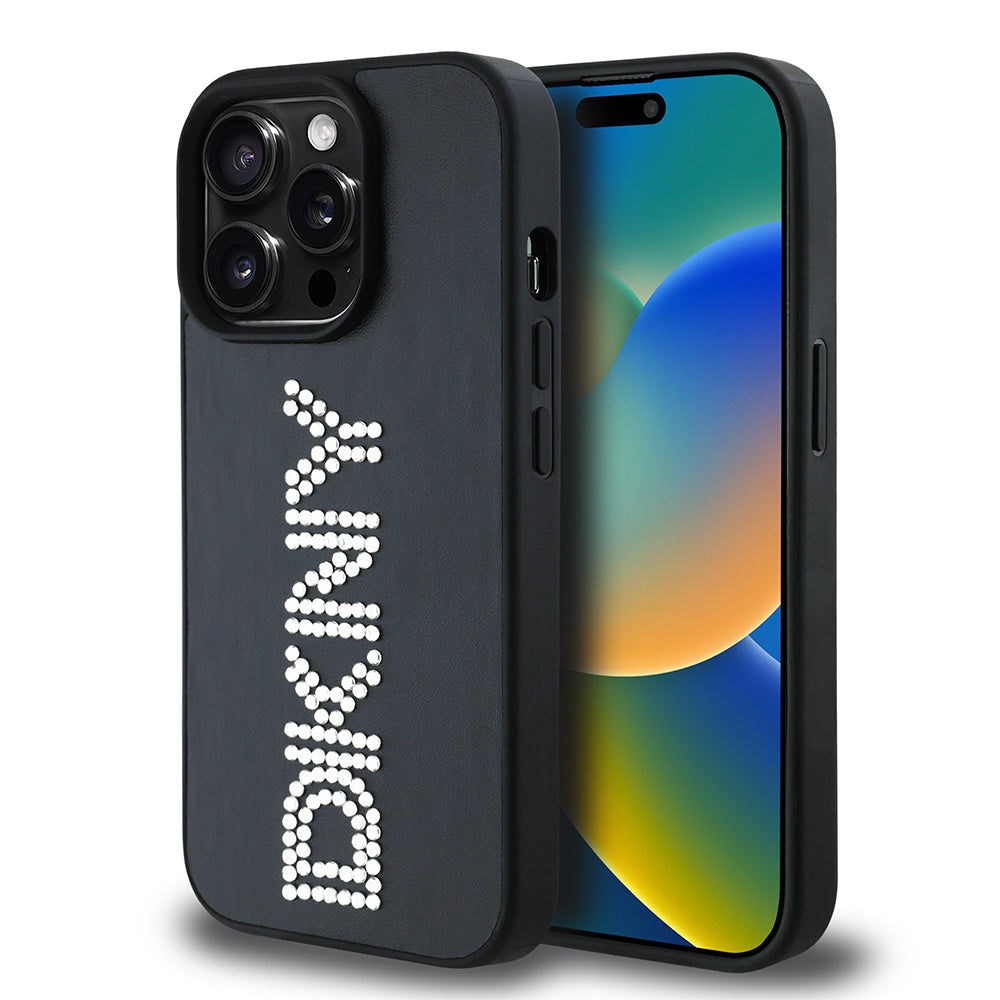 Apple iPhone 14 Pro Max Kılıf DKNY Orjinal Lisanslı Taşlı DKNY Yazılı Metalik Rhinestones PU Deri Kapak