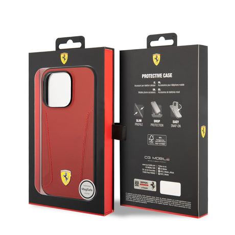 Apple iPhone 14 Pro Max Kılıf Ferrari M-safe Şarj Özellikli Deri Kenarları Damgalı Dizayn Kapak