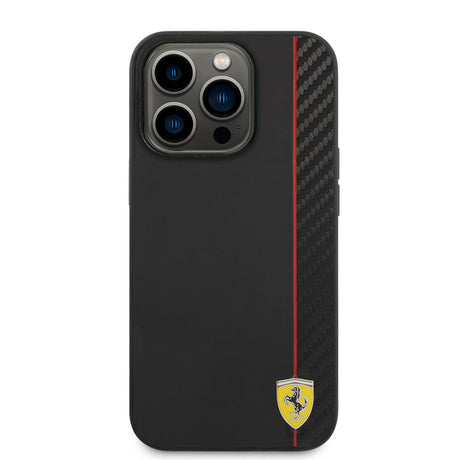 Apple iPhone 14 Pro Max Kılıf Ferrari M-safe Şarj Özellikli Pu Deri Ve Karbon Şeritli Dizayn Kapak