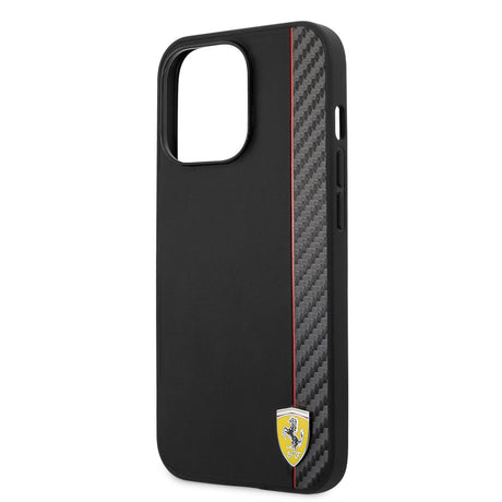 Apple iPhone 14 Pro Max Kılıf Ferrari M-safe Şarj Özellikli Pu Deri Ve Karbon Şeritli Dizayn Kapak