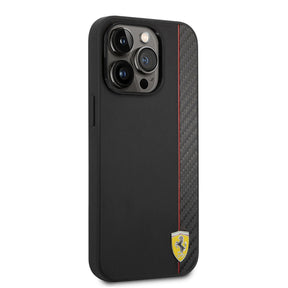 Apple iPhone 14 Pro Max Kılıf Ferrari M-safe Şarj Özellikli Pu Deri Ve Karbon Şeritli Dizayn Kapak
