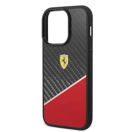 Apple iPhone 14 Pro Max Kılıf Ferrari Orjinal Lisanlı Klasik Metal Logolu Karbon Şerit Desenli Kapak