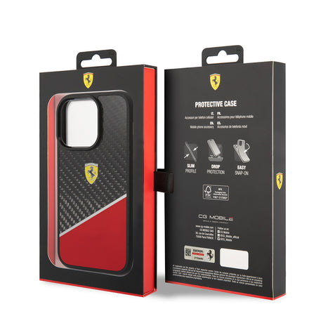 Apple iPhone 14 Pro Max Kılıf Ferrari Orjinal Lisanlı Klasik Metal Logolu Karbon Şerit Desenli Kapak