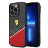 Apple iPhone 14 Pro Max Kılıf Ferrari Orjinal Lisanlı Klasik Metal Logolu Karbon Şerit Desenli Kapak