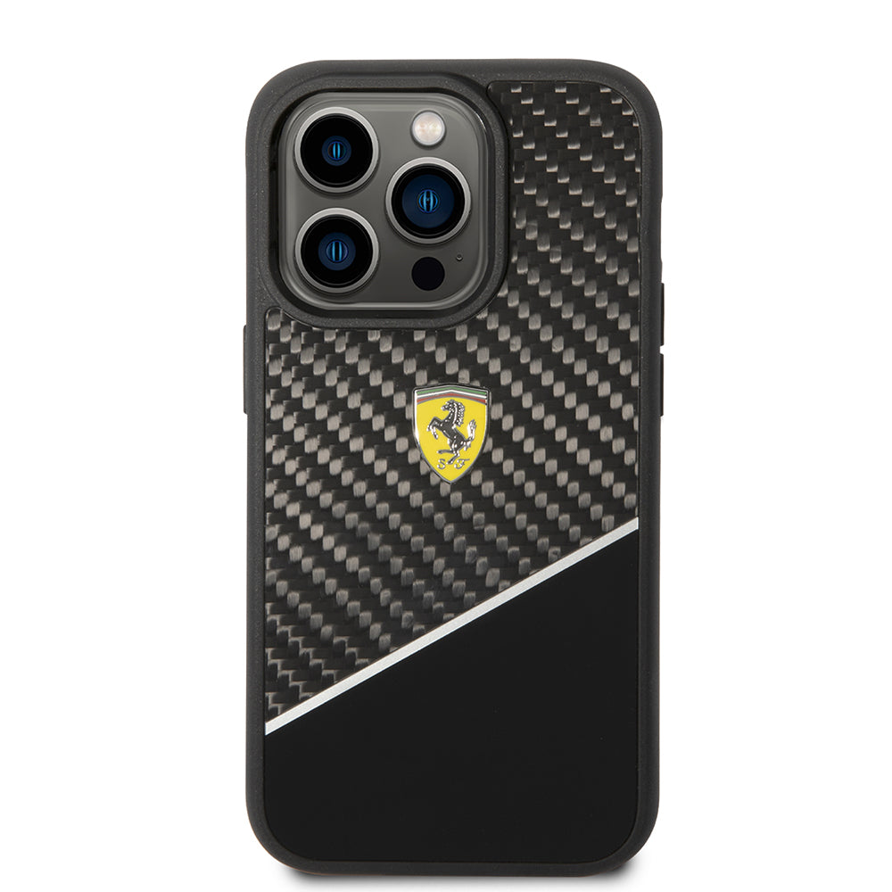Apple iPhone 14 Pro Max Kılıf Ferrari Orjinal Lisanlı Klasik Metal Logolu Karbon Şerit Desenli Kapak