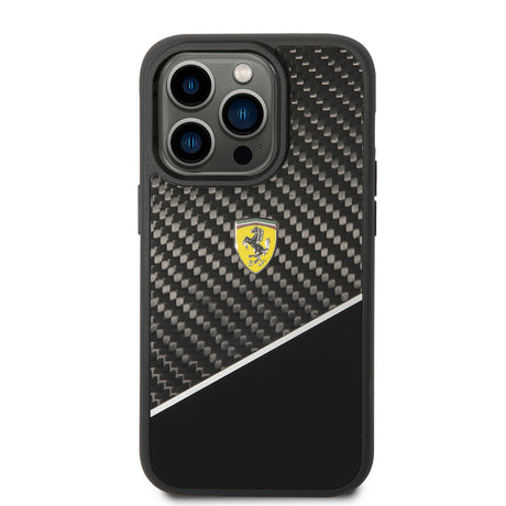 Apple iPhone 14 Pro Max Kılıf Ferrari Orjinal Lisanlı Klasik Metal Logolu Karbon Şerit Desenli Kapak
