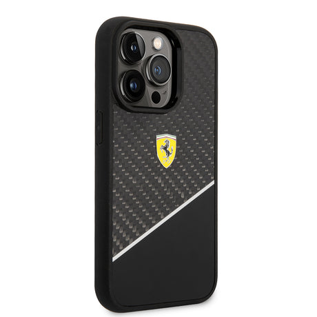 Apple iPhone 14 Pro Max Kılıf Ferrari Orjinal Lisanlı Klasik Metal Logolu Karbon Şerit Desenli Kapak