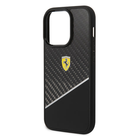 Apple iPhone 14 Pro Max Kılıf Ferrari Orjinal Lisanlı Klasik Metal Logolu Karbon Şerit Desenli Kapak