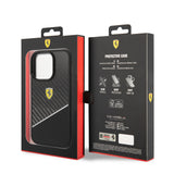 Apple iPhone 14 Pro Max Kılıf Ferrari Orjinal Lisanlı Klasik Metal Logolu Karbon Şerit Desenli Kapak