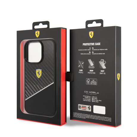 Apple iPhone 14 Pro Max Kılıf Ferrari Orjinal Lisanlı Klasik Metal Logolu Karbon Şerit Desenli Kapak