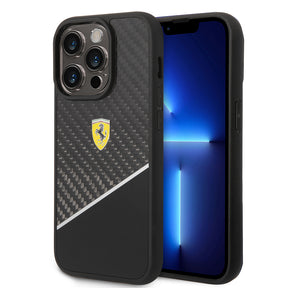 Apple iPhone 14 Pro Max Kılıf Ferrari Orjinal Lisanlı Klasik Metal Logolu Karbon Şerit Desenli Kapak