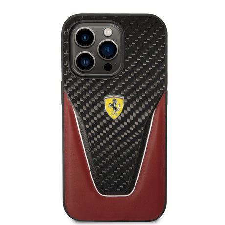 Apple iPhone 14 Pro Max Kılıf Ferrari Orjinal Lisanlı Klasik Metal Logolu Karbon V Desenli Kapak
