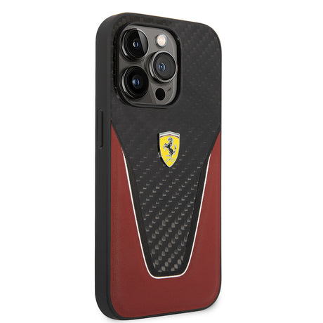 Apple iPhone 14 Pro Max Kılıf Ferrari Orjinal Lisanlı Klasik Metal Logolu Karbon V Desenli Kapak