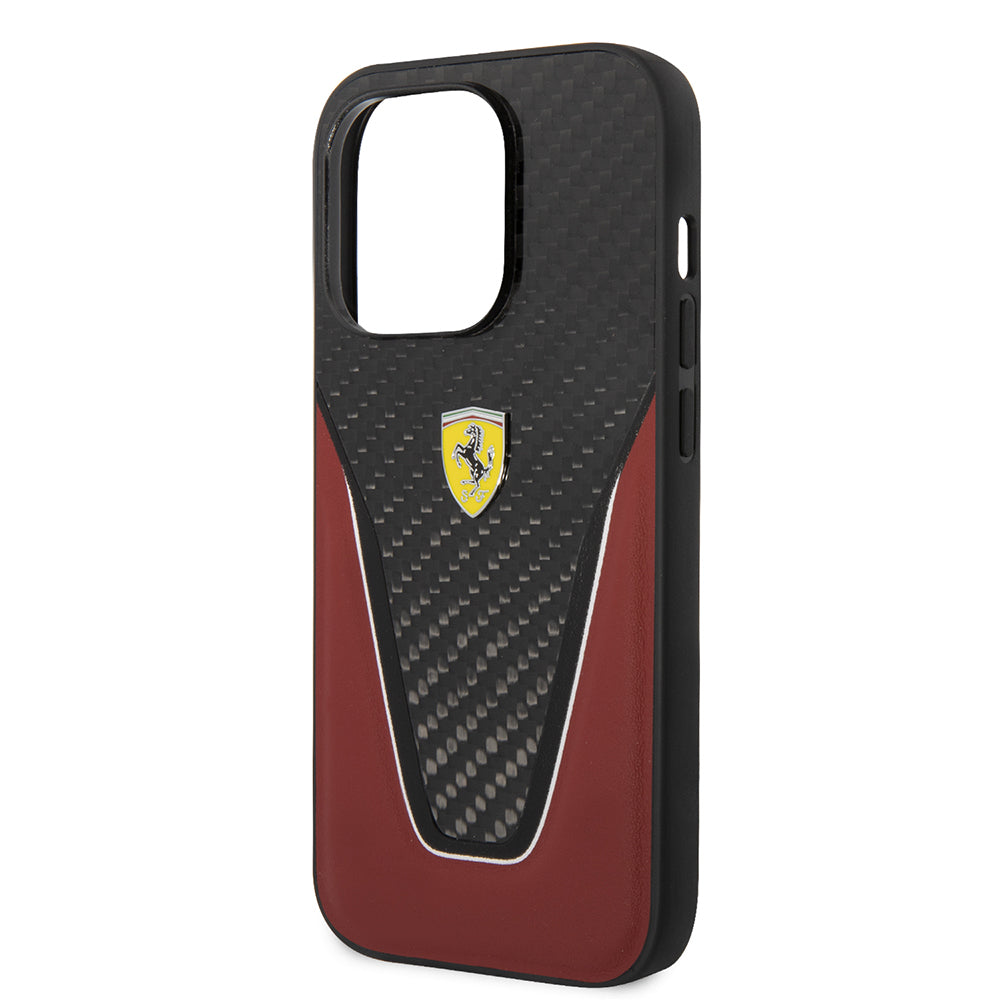 Apple iPhone 14 Pro Max Kılıf Ferrari Orjinal Lisanlı Klasik Metal Logolu Karbon V Desenli Kapak