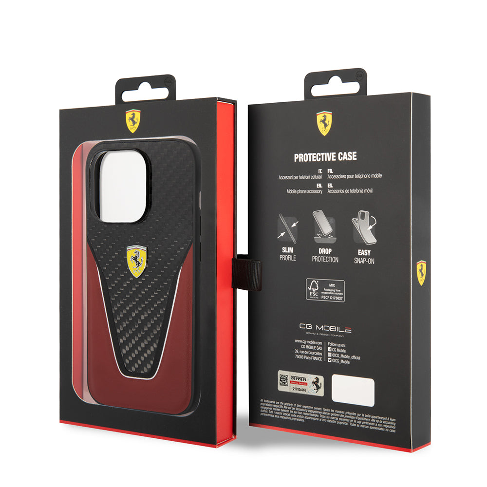 Apple iPhone 14 Pro Max Kılıf Ferrari Orjinal Lisanlı Klasik Metal Logolu Karbon V Desenli Kapak