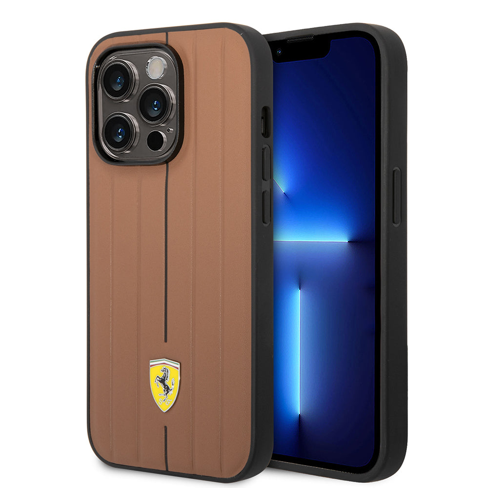 Apple iPhone 14 Pro Max Kılıf Ferrari Orjinal Lisanslı Deri Arka Yüzey Metal Logolu Şerit Tasarımlı Kapak