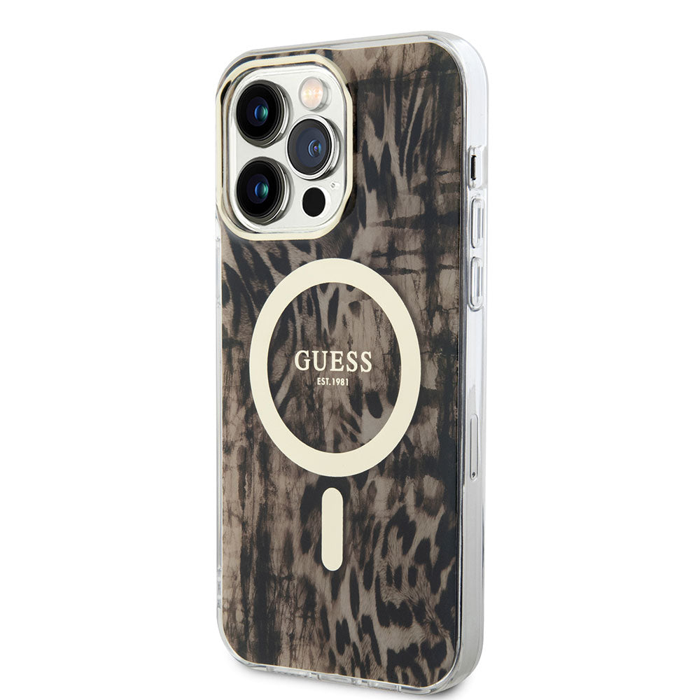 Apple iPhone 14 Pro Max Kılıf GUESS M-safe Şarj Özellikli Leopar Desenli Kapak